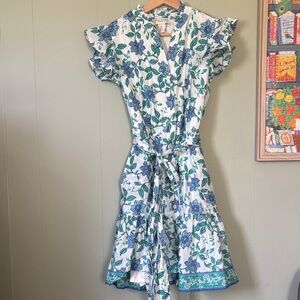 Calypso St. Barth White Floral Button-Front Dress with Blue & Green Print